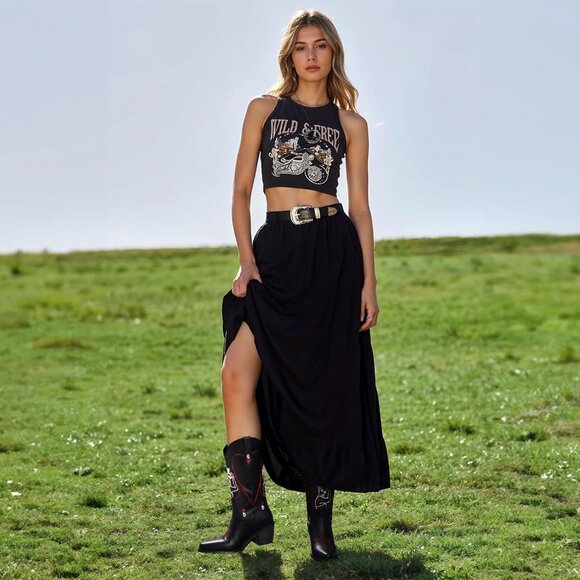 🆕Women Black Faux Leather Mid Calf Cowboy with Queen of Hearts Embroidery Boots - Picture 6 of 7